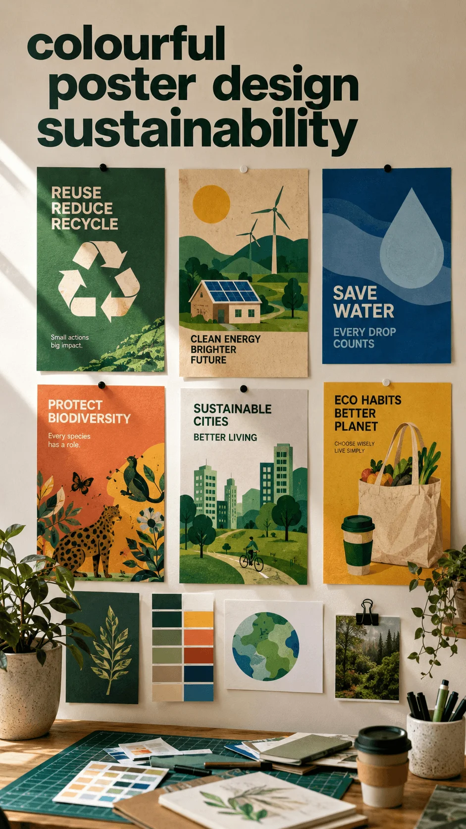 Colourful sustainability poster design workspace with eco friendly posters featuring recycling clean energy water conservation biodiversity and sustainable city themes on a wall with plants and design materials on a desk