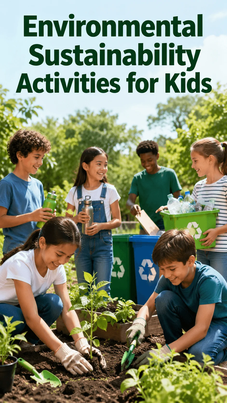 Children participating in environmental sustainability activities outdoors with recycling bins, reusable bottles, and planting a young tree in a garden setting