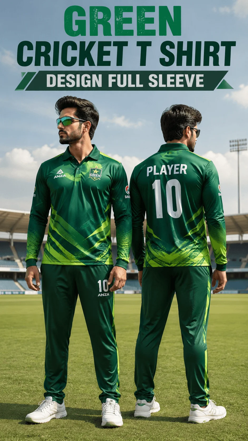 Green cricket t shirt design full sleeve shown from front and back on players in a stadium