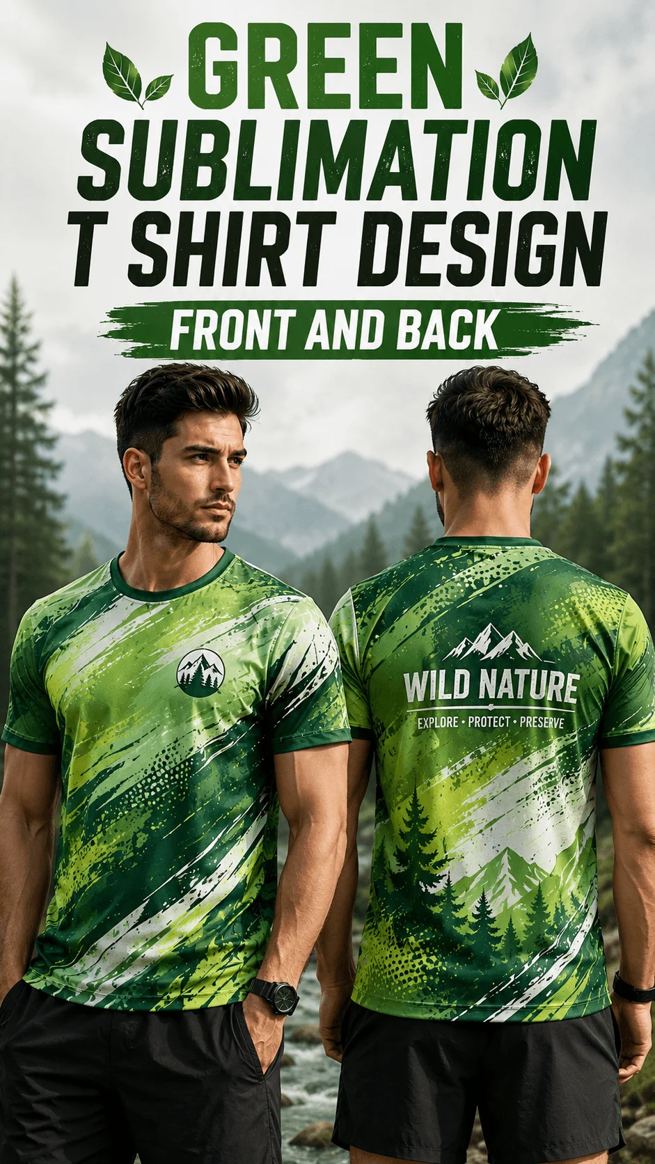 Green sublimation T shirt design front and back featuring realistic male models in nature inspired sports shirts with mountain and forest graphics