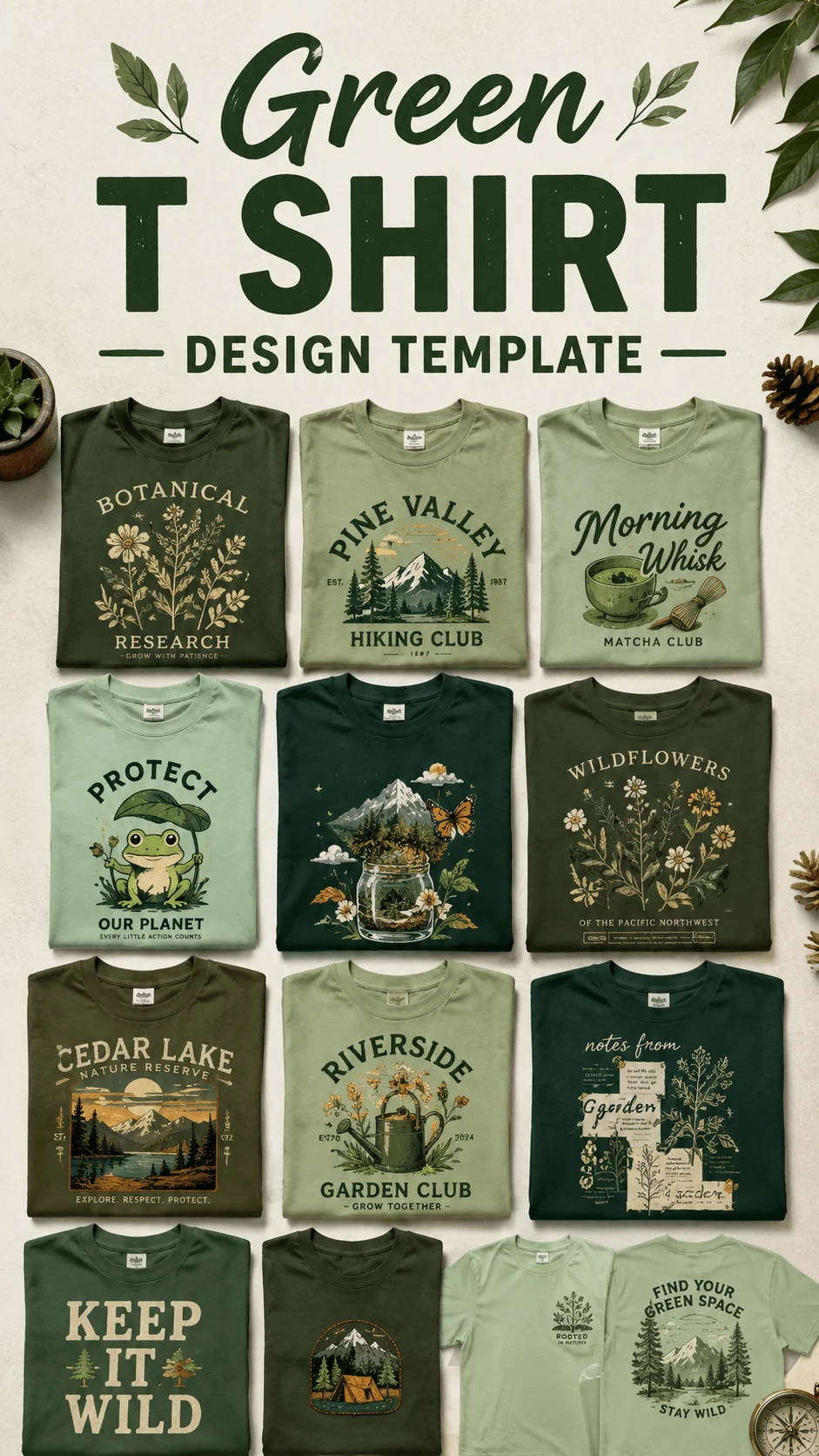 Green T Shirt Design Template collage featuring botanical vintage travel matcha gardening eco mascot wildflower and outdoor inspired green graphic tshirt designs in realistic mockup display