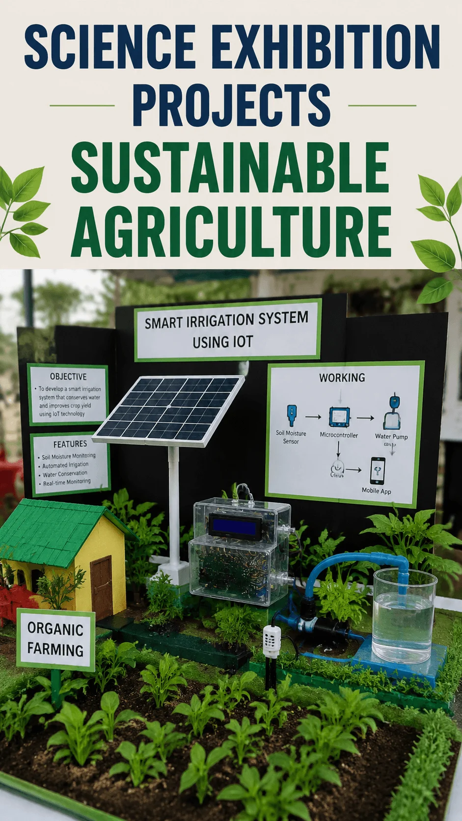 Smart irrigation system using IoT science exhibition model with solar panel water pump soil moisture sensor and organic farming display for sustainable agriculture project