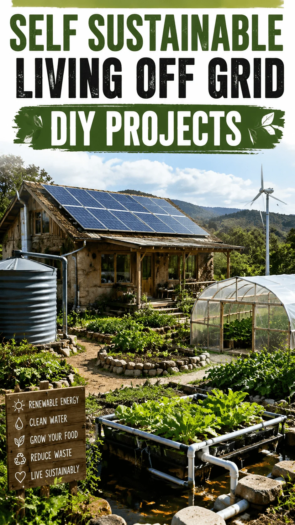 Self sustainable living off grid home with solar panels wind turbine greenhouse rainwater collection and organic garden for renewable energy and eco friendly lifestyle