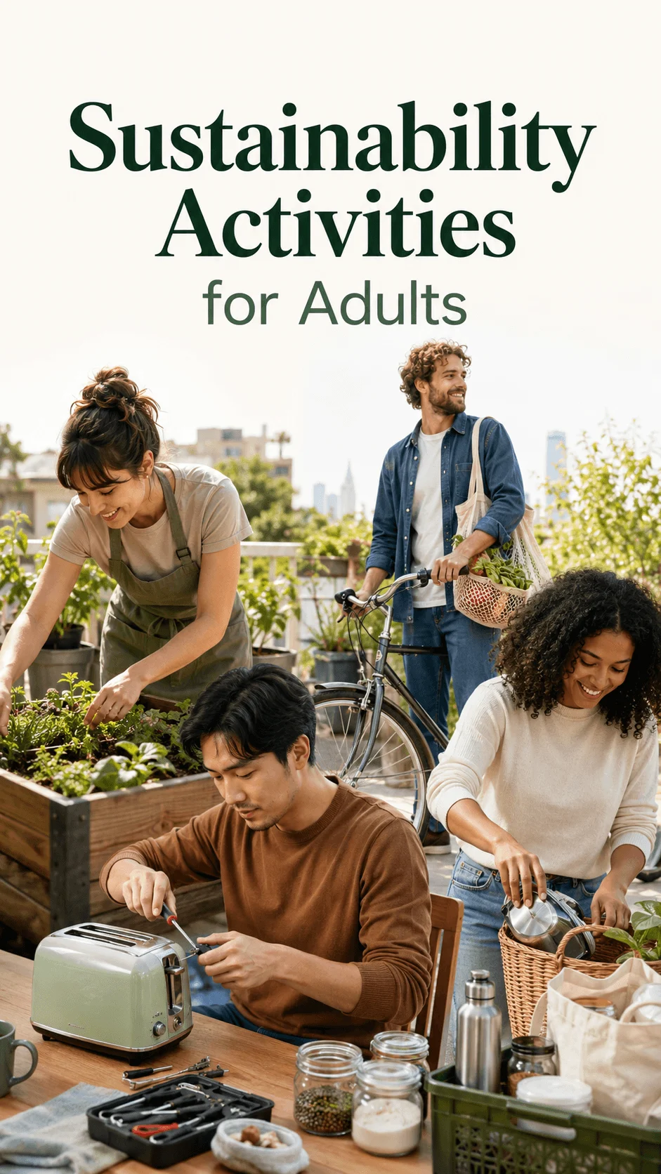 Adults participating in sustainable activities including urban gardening bicycle transport appliance repair and reusable shopping