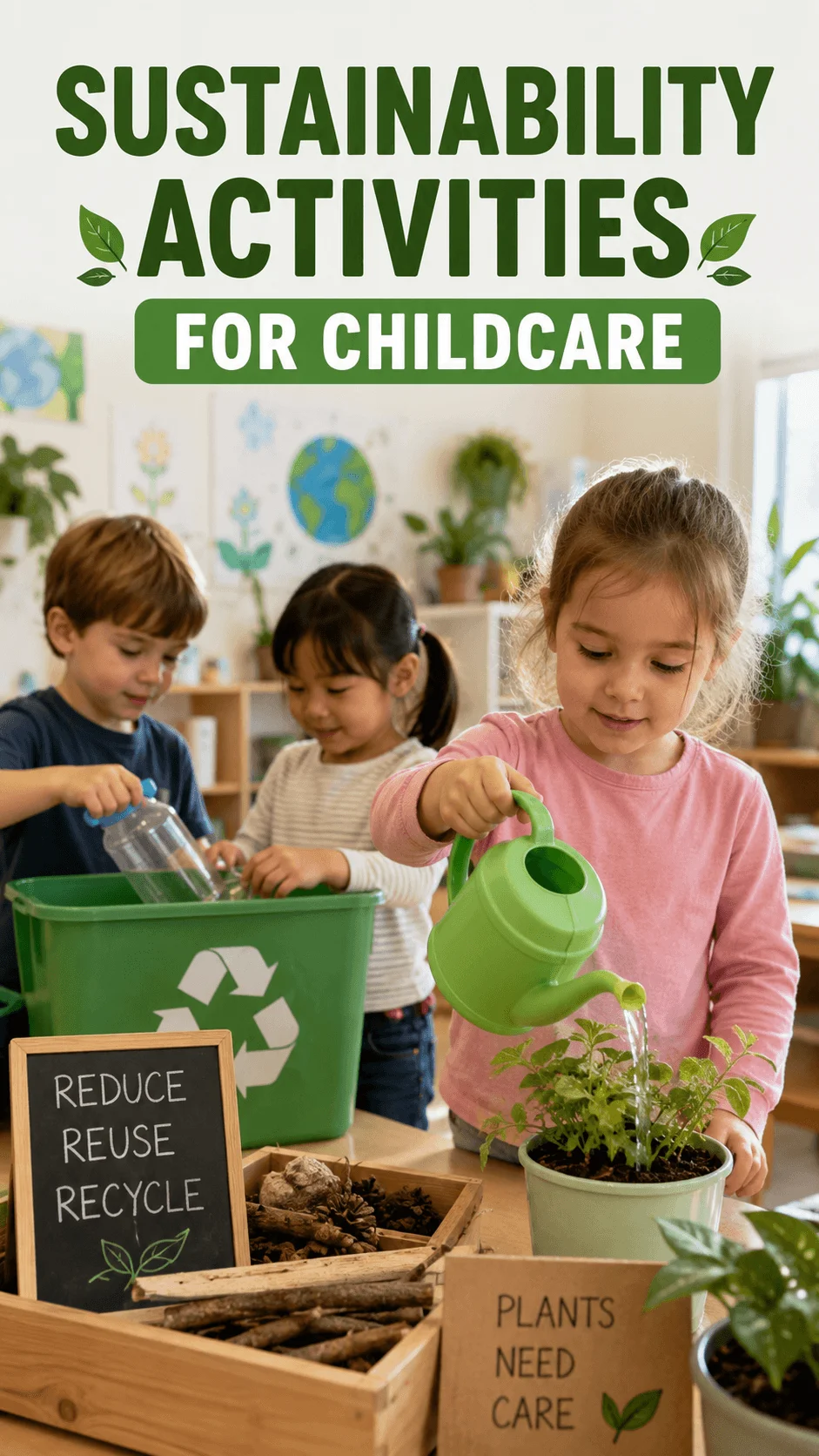 Children participating in sustainability activities for childcare by watering plants recycling materials and learning to reduce reuse and recycle in a bright classroom environment
