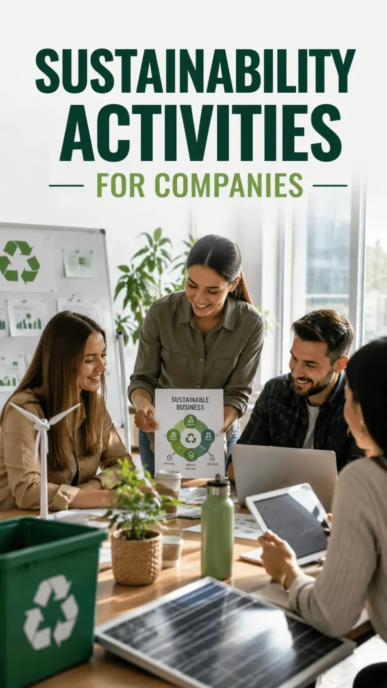 Sustainability activities for companies with employees collaborating on green business solutions using recycling, renewable energy, and sustainable practices in a modern office