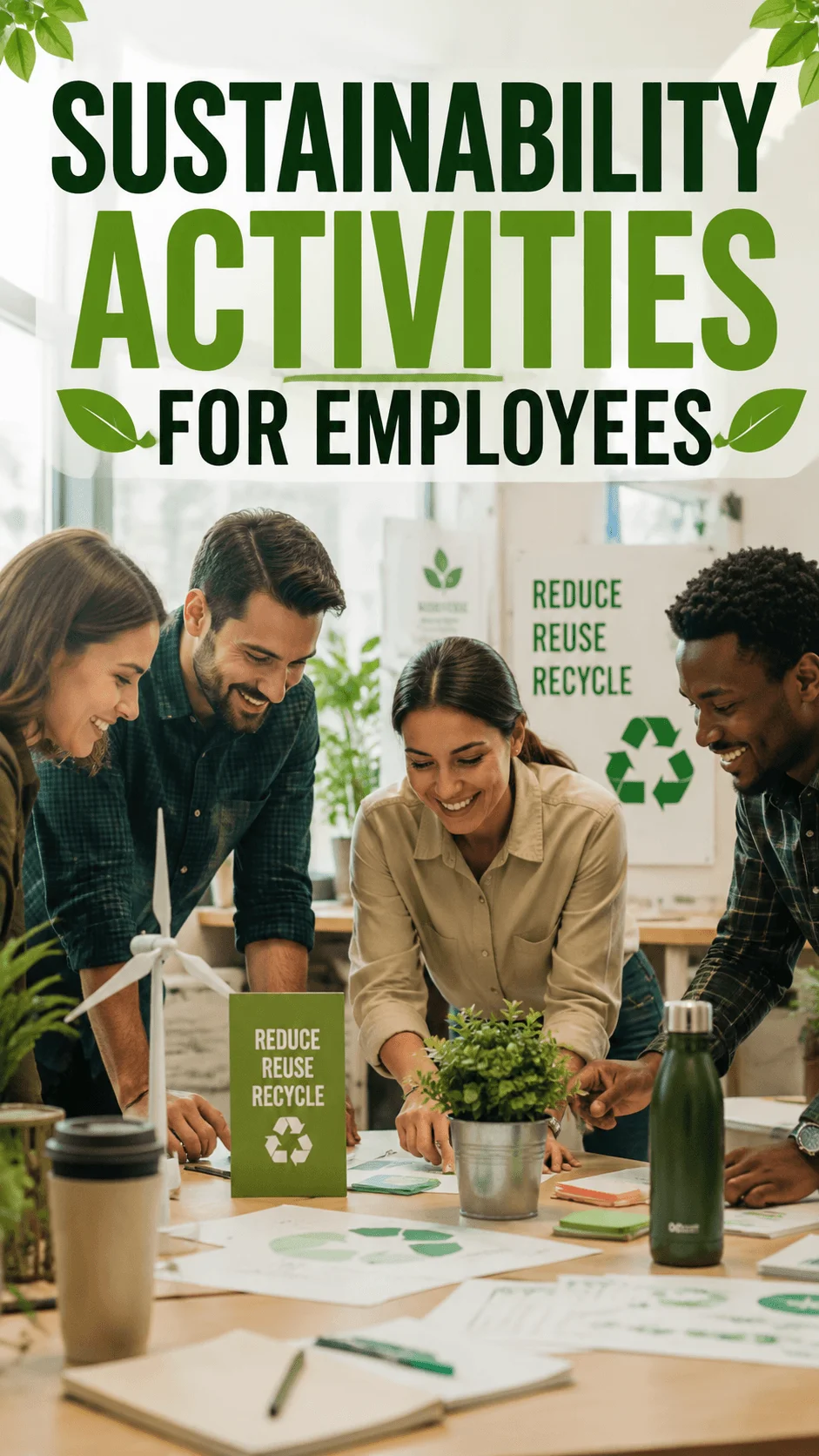 Employees collaborating around a sustainability project in a modern office with recycling materials reusable bottles green plants and environmental planning documents on the table