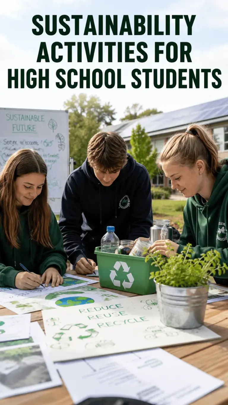 High school students working together on sustainability projects with recycling materials plants posters and solar panels outdoors
