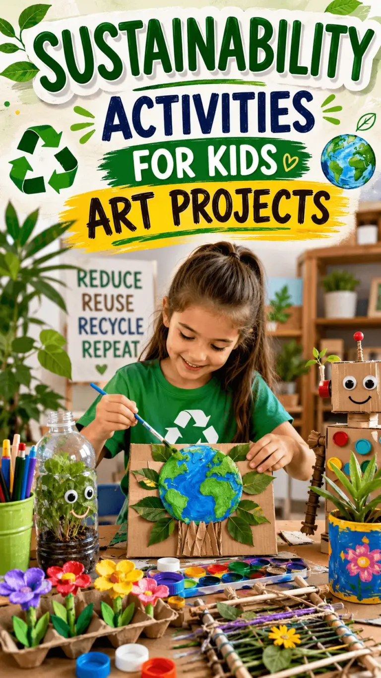 Sustainability activities for kids art projects poster featuring a child painting an Earth themed recycled craft surrounded by colorful eco friendly handmade decorations plants recycled materials and environmental education elements in a classroom setting.