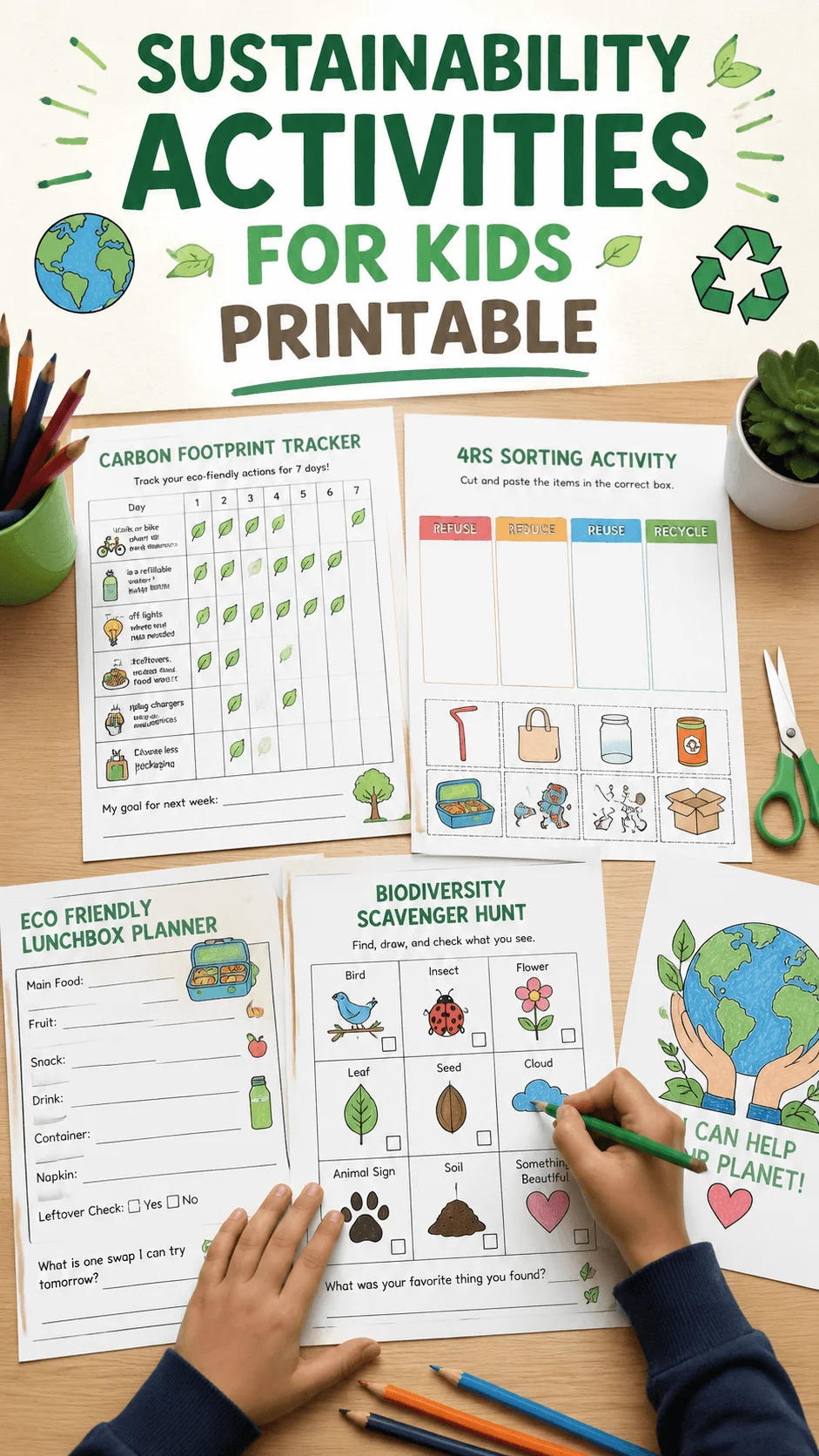 Sustainability activities for kids printable worksheet set on a desk with eco friendly learning pages including carbon footprint tracker 4Rs sorting activity biodiversity scavenger hunt and lunchbox planner with a child coloring nature themed worksheets and recycling illustrations
