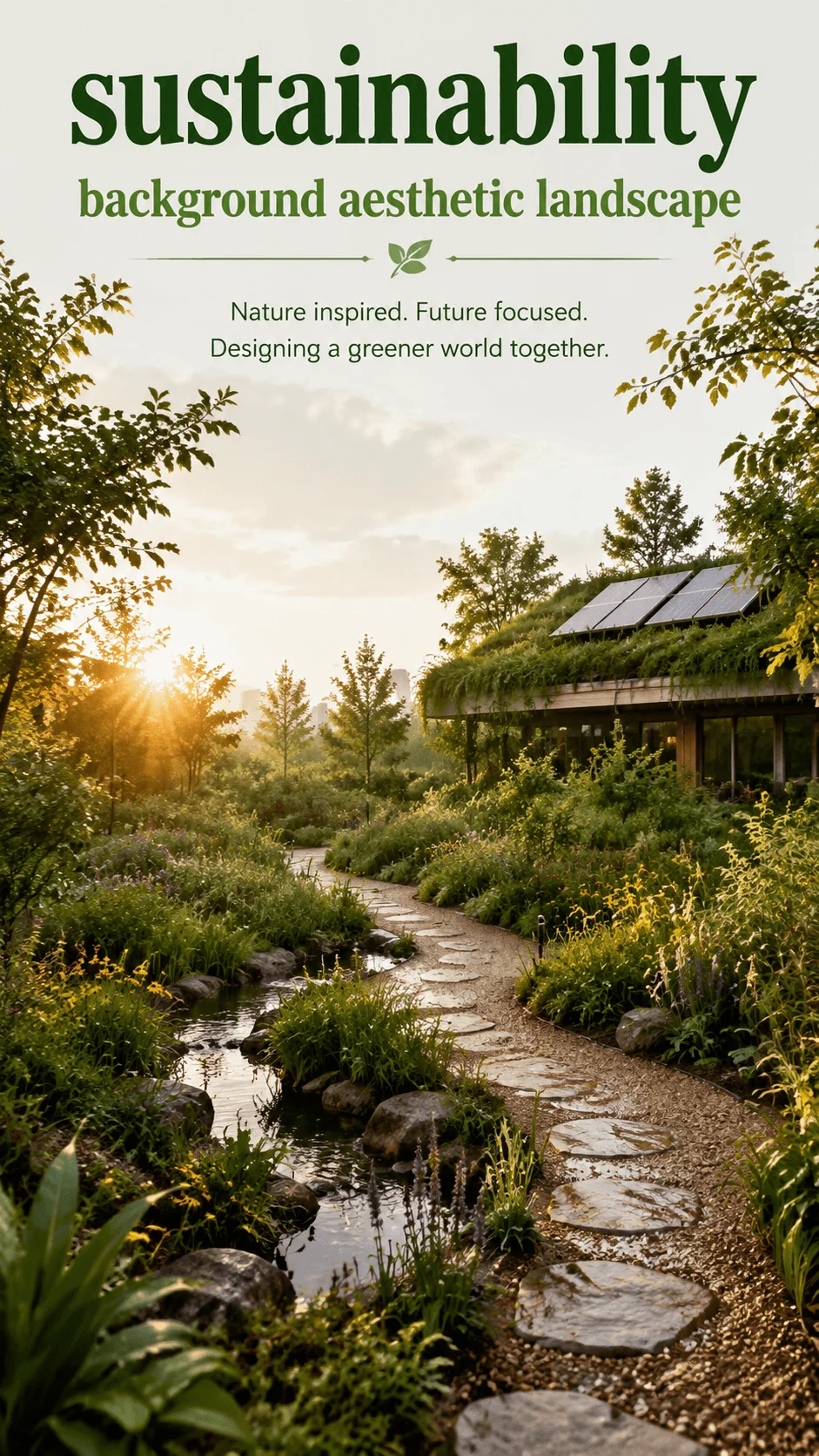 Sustainability background aesthetic landscape with a lush green garden, natural pathway, solar panels, trees, and peaceful eco friendly scenery at sunrise with text overlay at the top