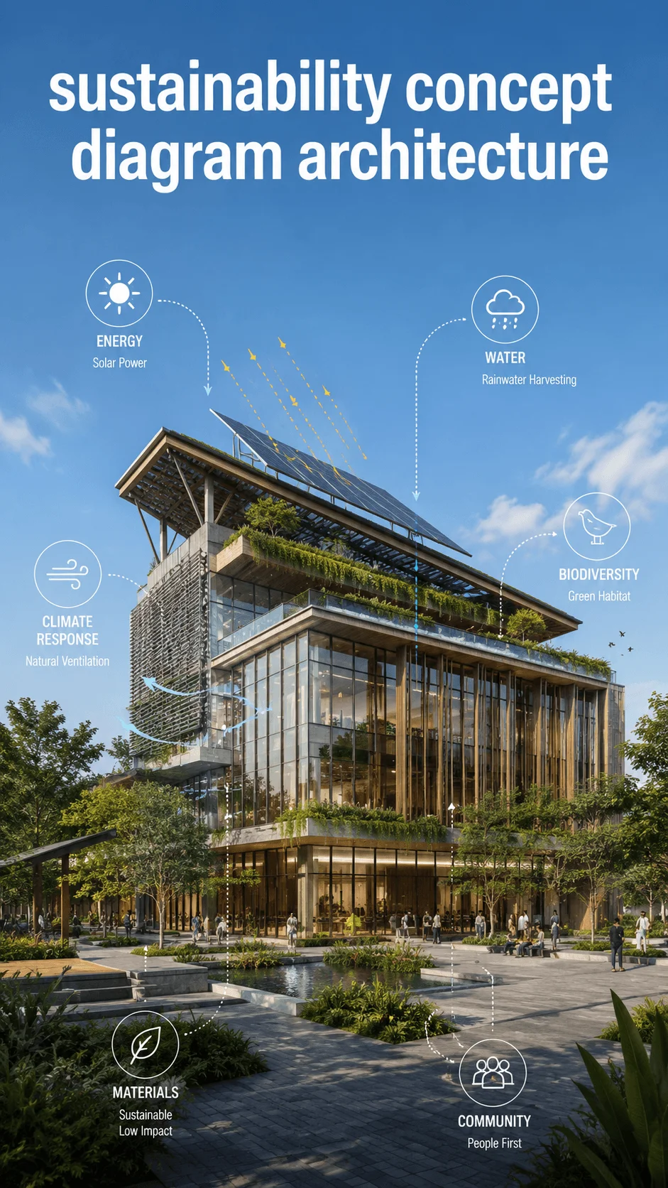 Sustainable architecture concept diagram showing a modern green building with solar panels, rainwater harvesting, natural ventilation, biodiversity features, sustainable materials, and community focused design elements integrated into a landscaped environment
