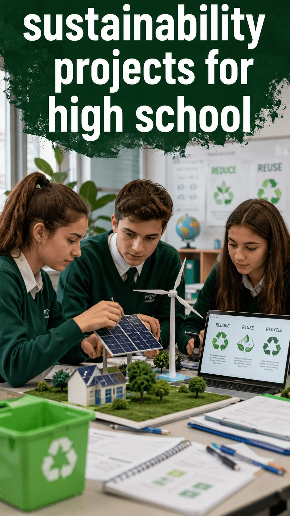 High school students working together on a sustainability project with solar panels, a wind turbine model, recycling resources, and digital environmental research in a classroom
