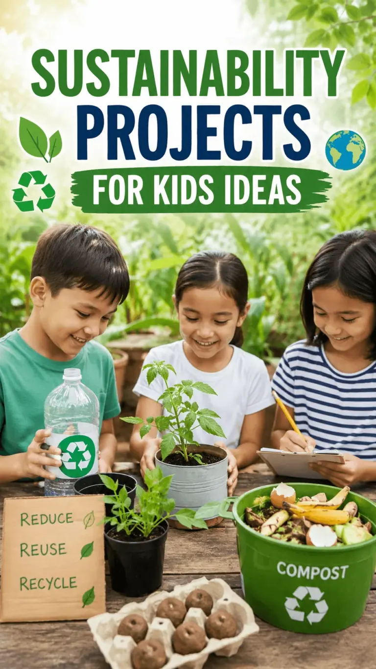 Children creating sustainability projects with plants recycling composting and environmental activities in a garden