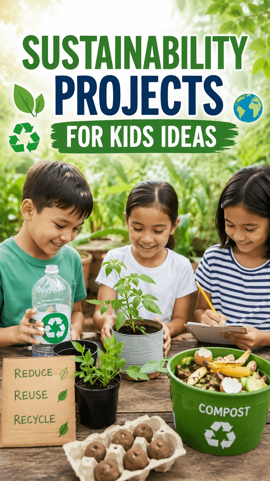Children creating sustainability projects with plants recycling composting and environmental activities in a garden