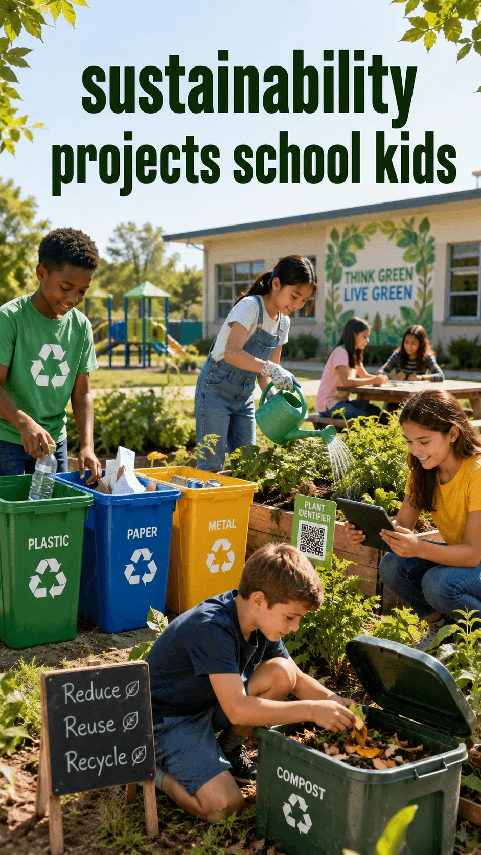 Students participating in sustainability projects at school with recycling bins composting garden activities and environmental learning signs