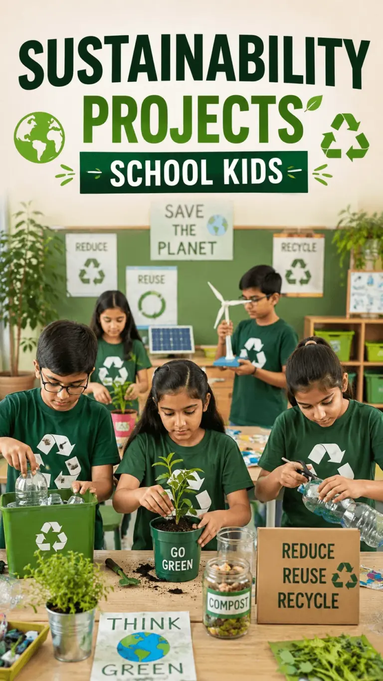 School children participating in sustainability projects in a classroom by recycling plastic bottles planting young plants and learning about environmental conservation with recycle symbols compost containers and save the planet posters displayed around the room.
