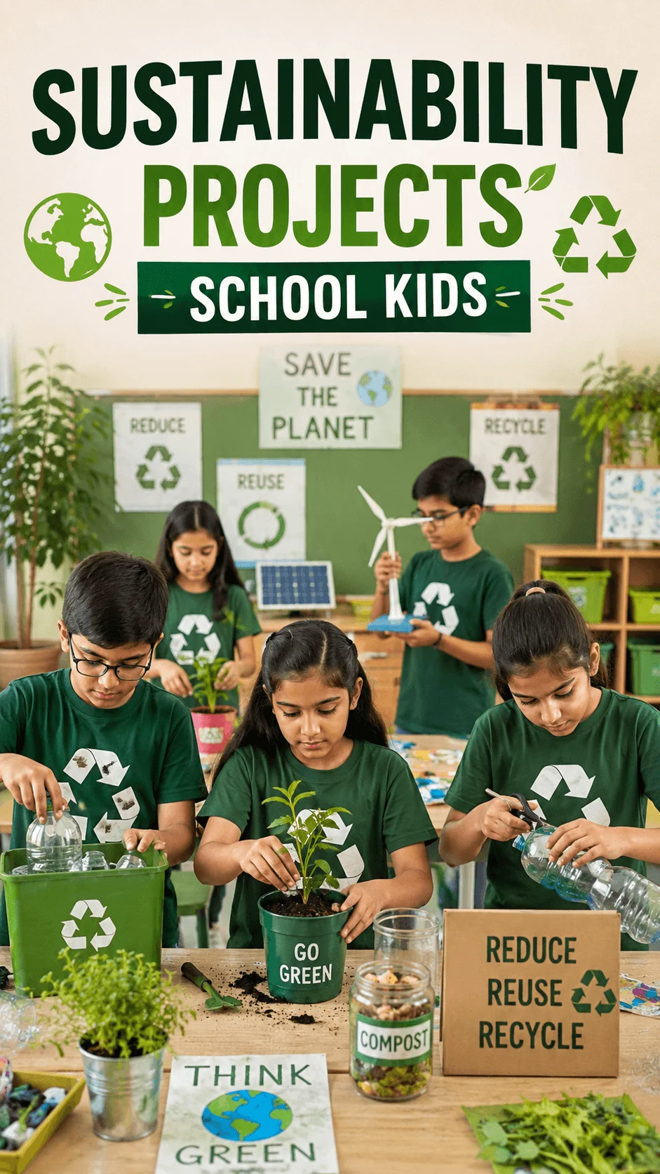 School children participating in sustainability projects in a classroom by recycling plastic bottles planting young plants and learning about environmental conservation with recycle symbols compost containers and save the planet posters displayed around the room.