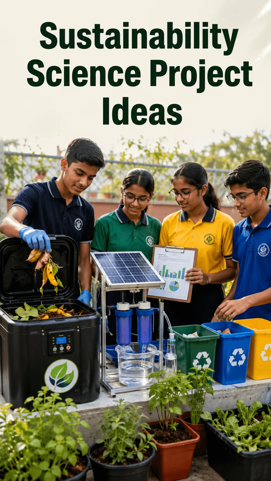 Students working on sustainability science projects with composting, solar panels, recycling bins, water purification equipment, and environmental research tools in a school garden setting