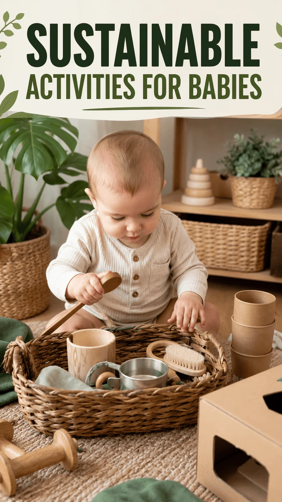 Baby exploring sustainable sensory toys in a natural eco friendly playroom