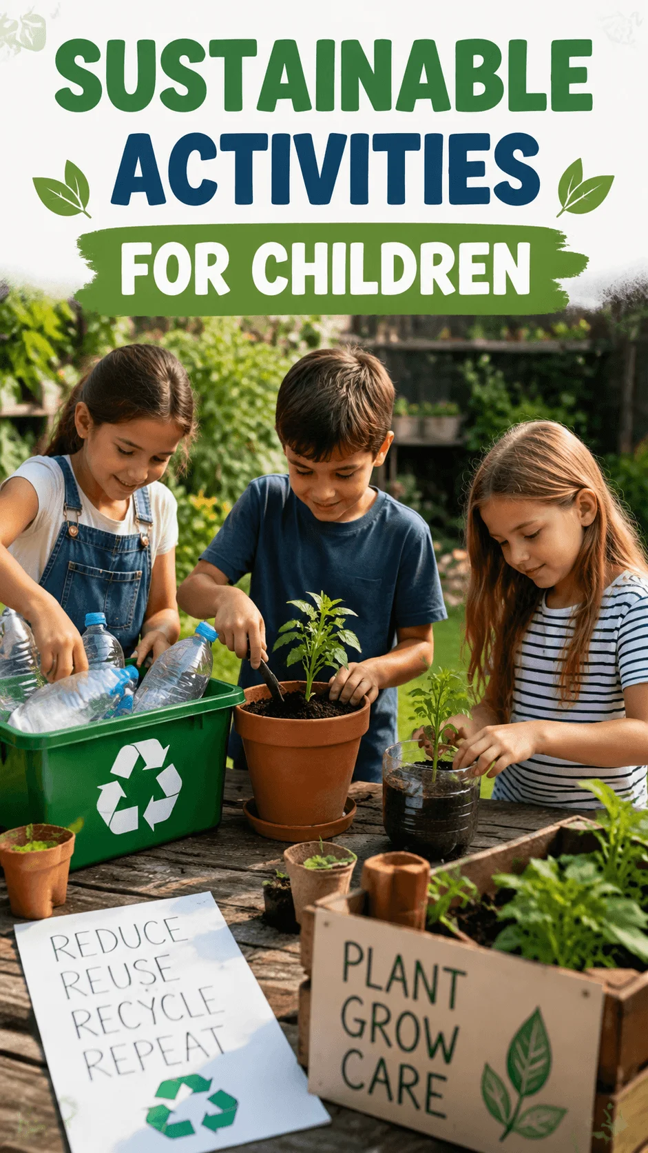 Children participating in sustainable activities with recycling bins and planting projects in a garden environment with eco friendly signs