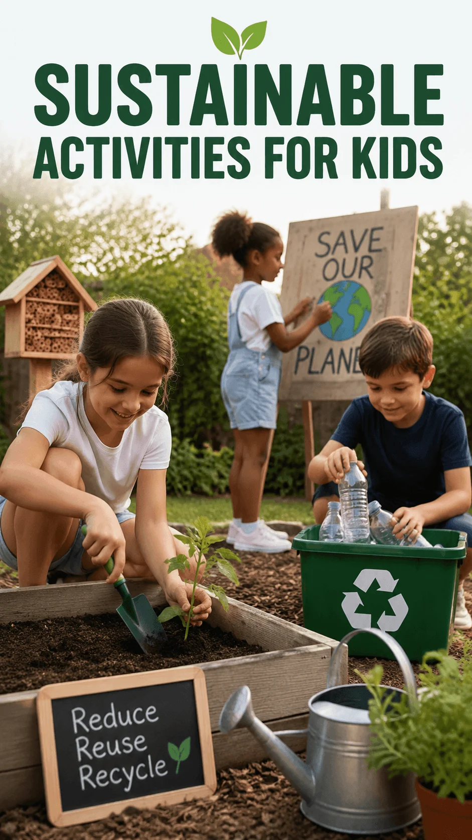 Children planting a garden recycling bottles and learning sustainable activities for kids outdoors with reduce reuse recycle signs and environmental education theme