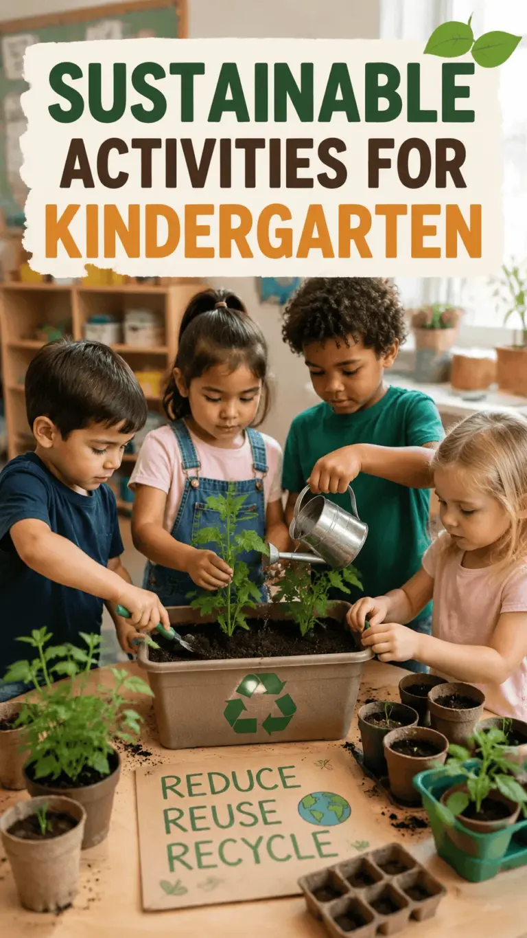 Children learning sustainable activities in kindergarten with plants recycling and reuse concepts in a classroom garden setting