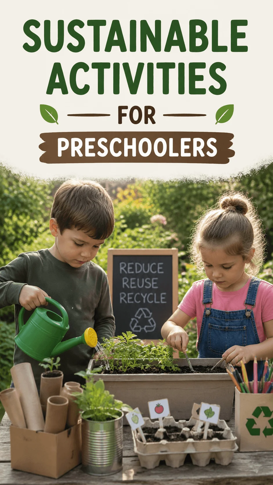 Sustainable activities for preschoolers with children gardening and learning about recycling and reuse in an outdoor environment