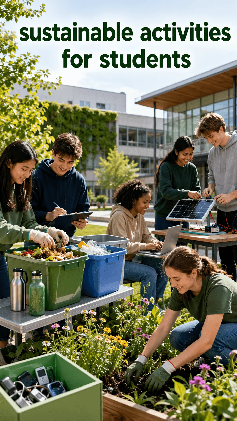 Students participating in sustainable activities including composting recycling solar energy projects and campus gardening