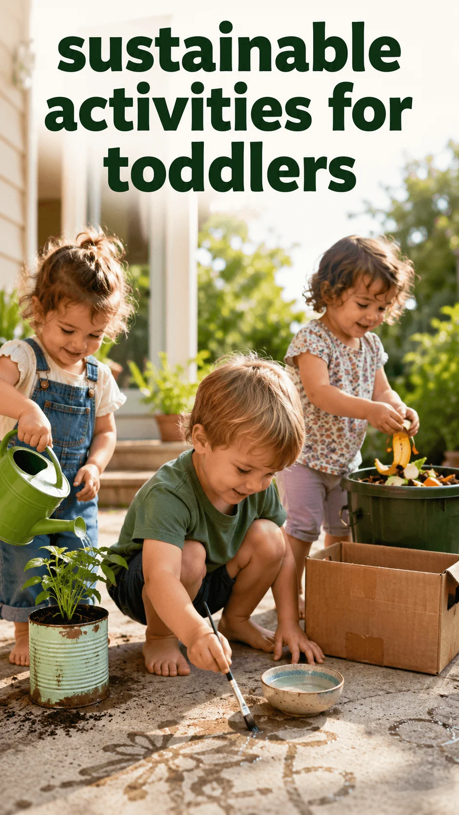 Toddlers enjoying sustainable activities outdoors by watering a plant in a reused tin, composting food scraps, painting with water, and reusing a cardboard box