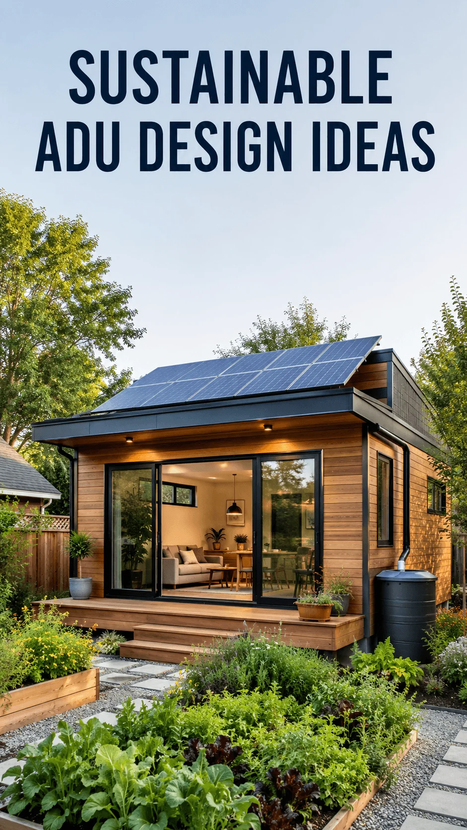 Modern sustainable ADU with rooftop solar panels natural wood exterior large glass doors raised garden beds rainwater collection system and energy efficient backyard landscape under a clear blue sky