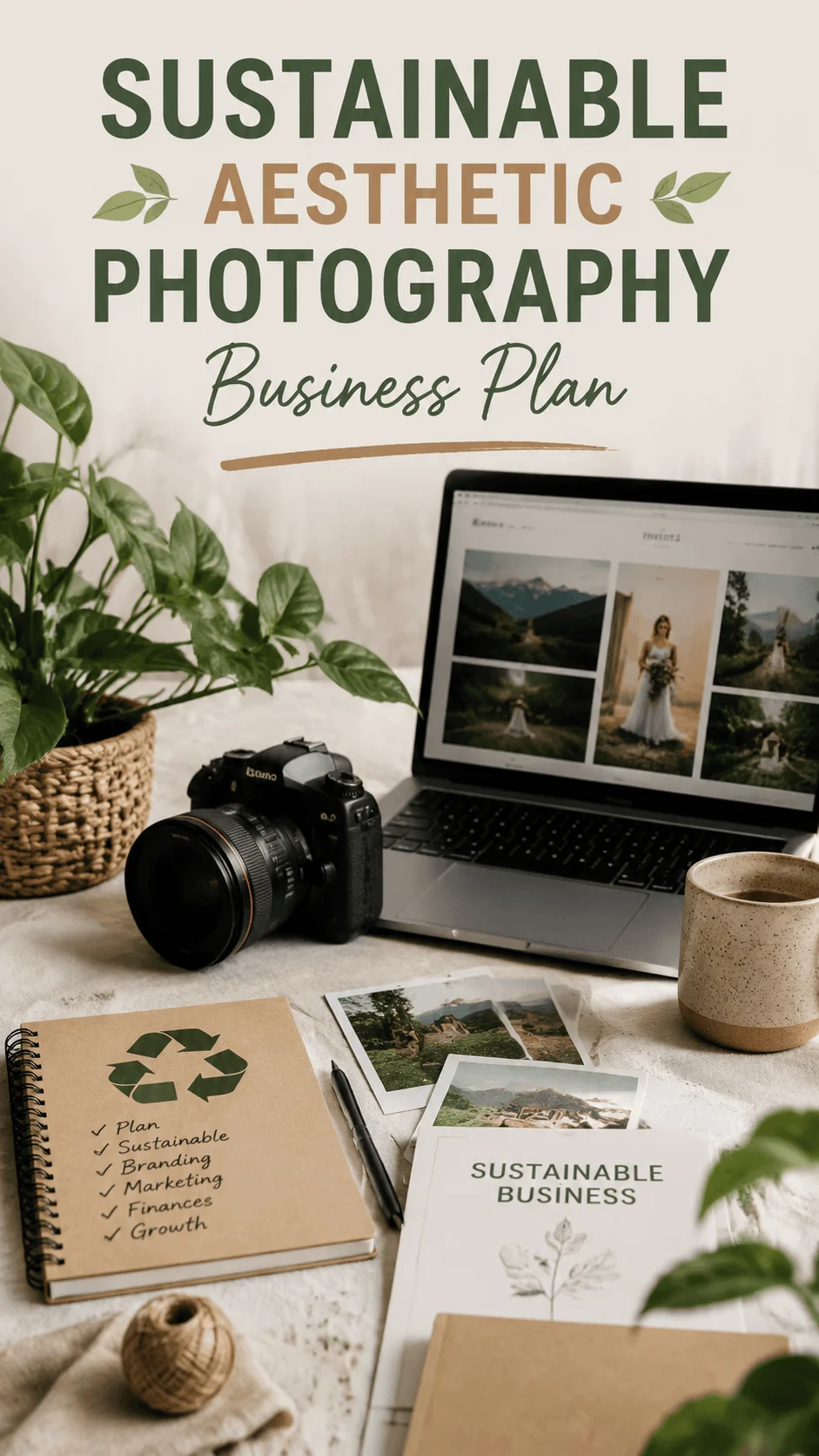 Sustainable aesthetic photography business plan workspace featuring a camera laptop with nature images green plants recycled notebook and eco friendly branding materials on a clean desk setting