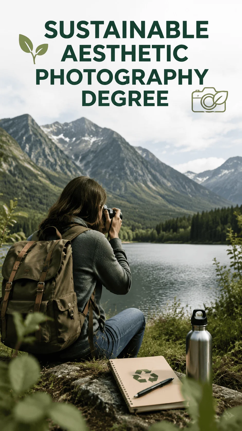Sustainable aesthetic photography degree concept featuring a photographer capturing a natural mountain landscape beside a lake with eco friendly elements like a reusable bottle and recycling notebook in a peaceful outdoor environment