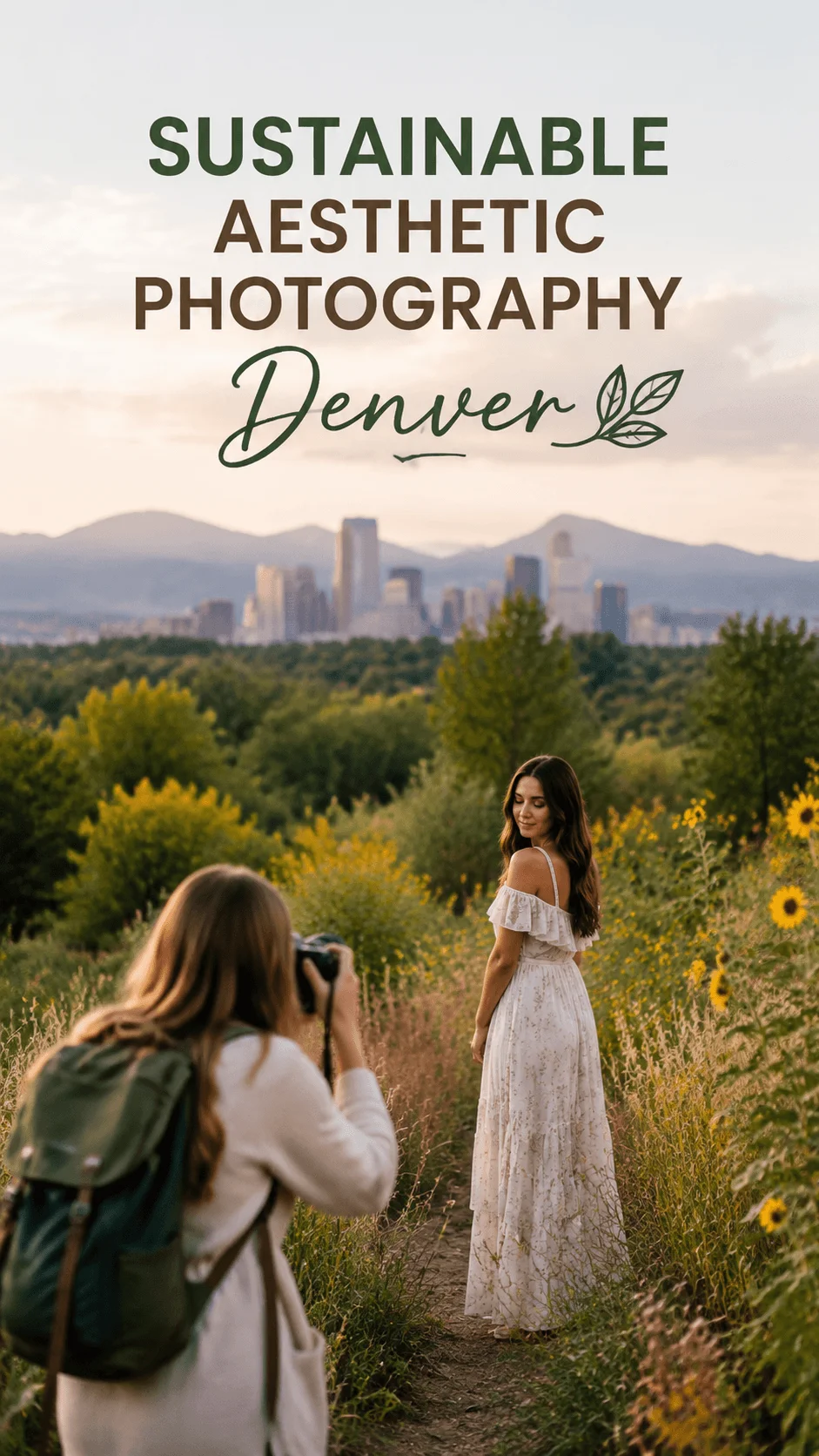 Sustainable aesthetic photography Denver featuring an outdoor portrait session with a photographer capturing a woman in a natural landscape with mountains and city skyline in the background