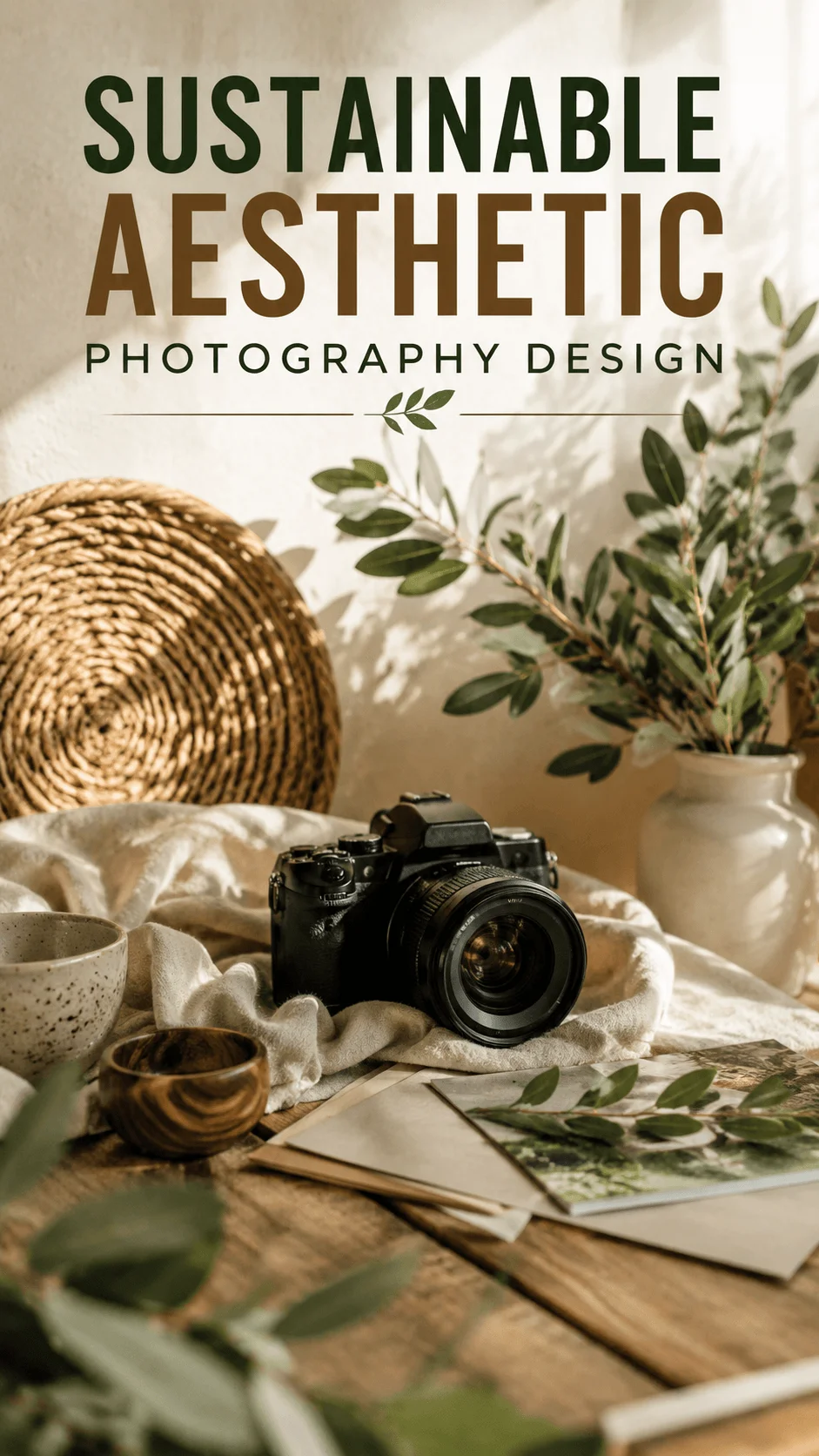 Sustainable aesthetic photography design featuring a vintage camera on a natural linen cloth with green plants, woven basket, wooden table, and warm earthy tones in a cozy minimalist setting