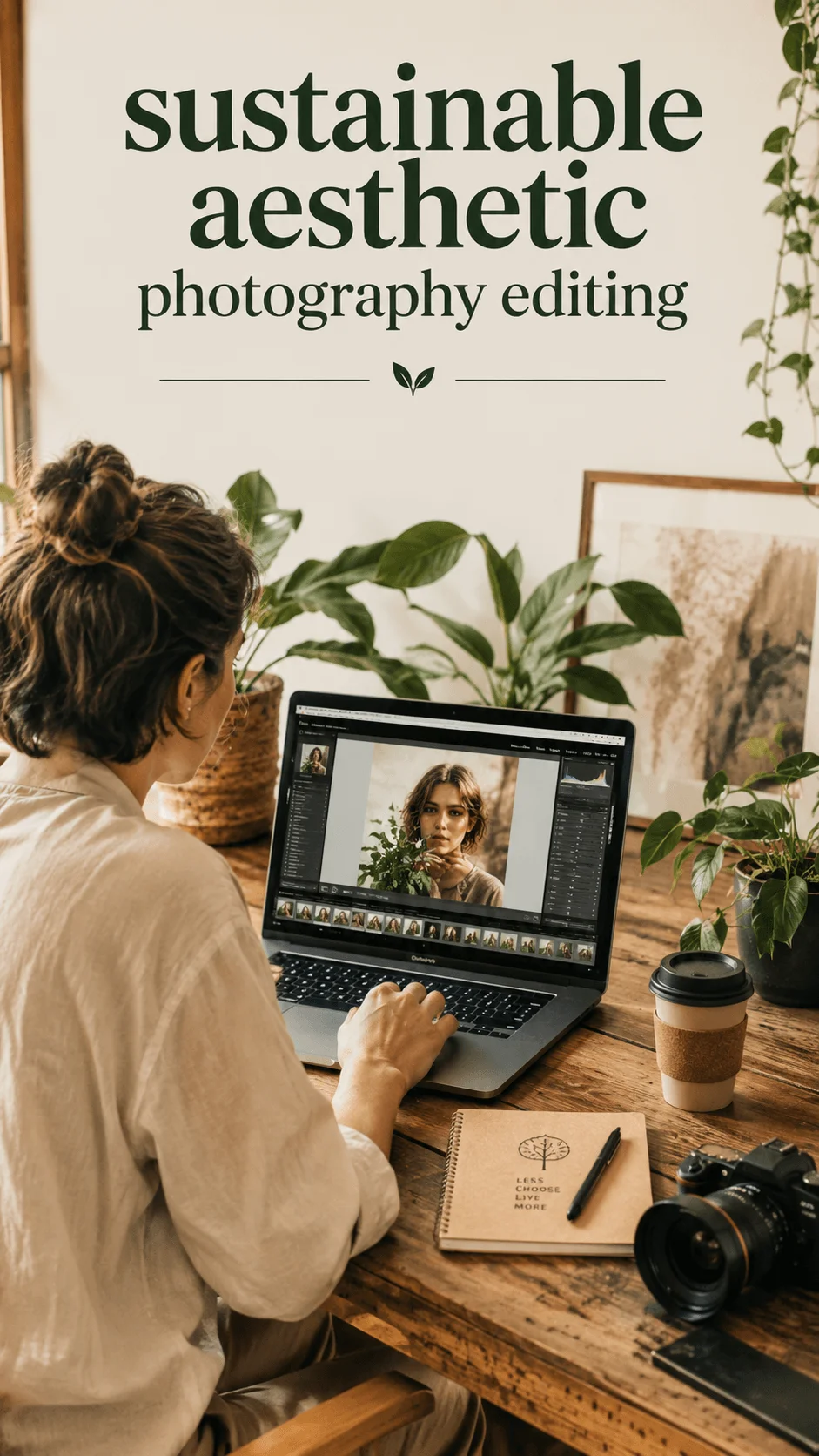 Woman editing a portrait photo on a laptop at a wooden desk surrounded by plants with a camera notebook and coffee under the title sustainable aesthetic photography editing