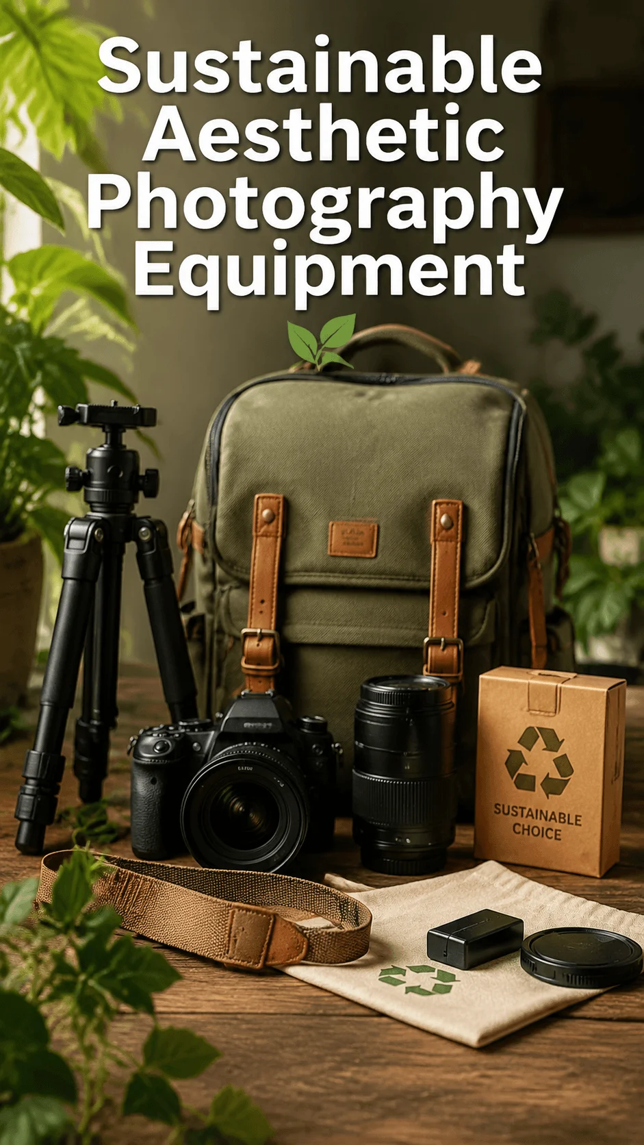 Sustainable aesthetic photography equipment setup featuring a camera, lenses, tripod, eco friendly camera bag, recycled packaging, and natural greenery in a warm indoor environment