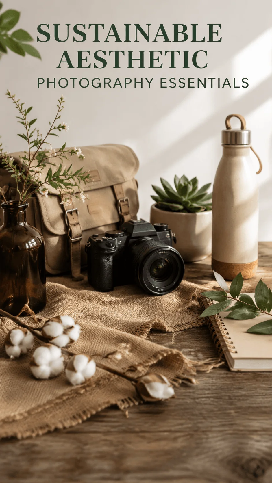 Sustainable aesthetic photography setup featuring a camera, eco friendly accessories, natural plants, reusable water bottle, vintage bag and earthy textures on a wooden surface