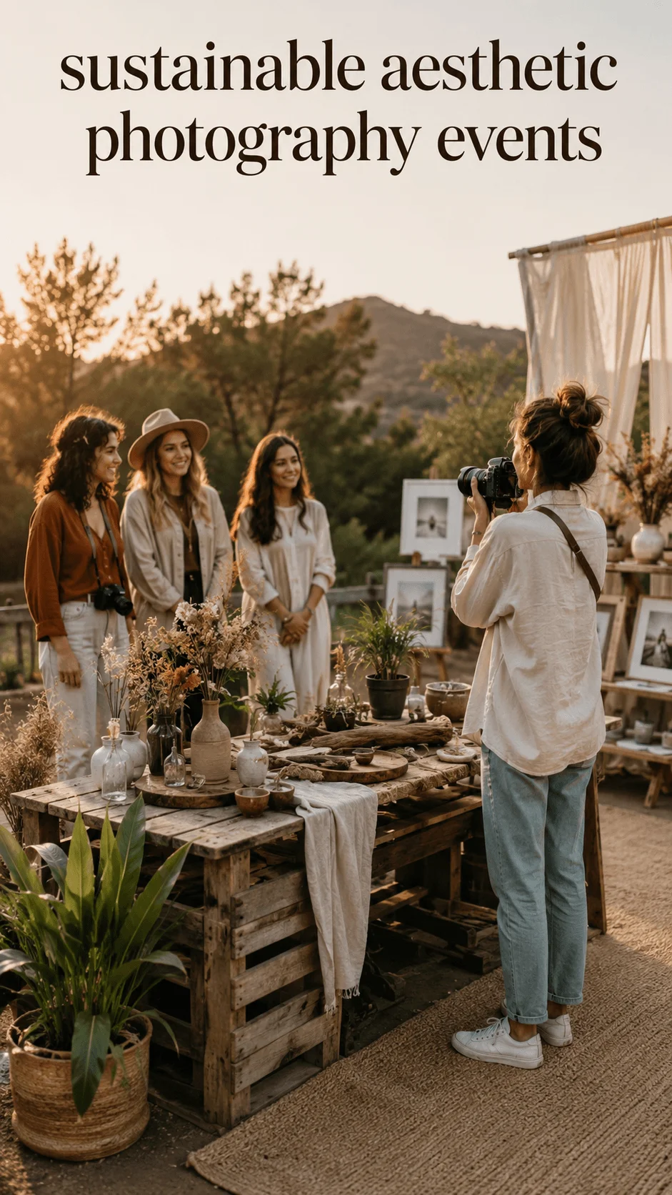 Outdoor sustainable aesthetic photography event with a photographer capturing three women beside rustic wooden displays, plants, natural decorations, and framed artwork at sunset