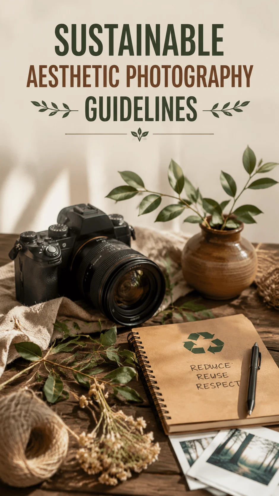 Sustainable aesthetic photography guidelines with a camera notebook and natural elements on a wooden table