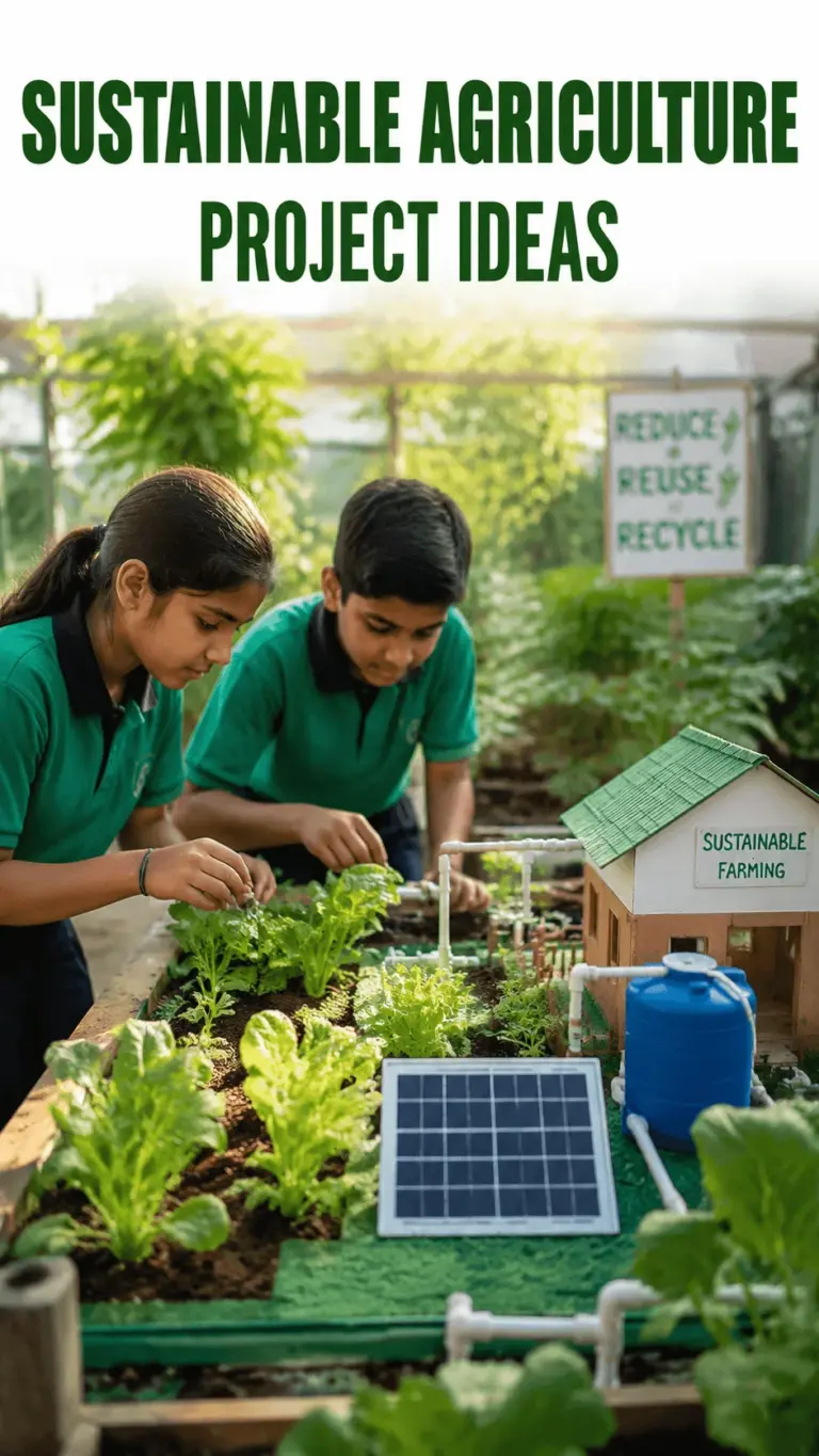 Students working on a sustainable agriculture project with a small eco friendly farm model, vegetable garden, solar panel, water system, and green farming demonstration in a school environment
