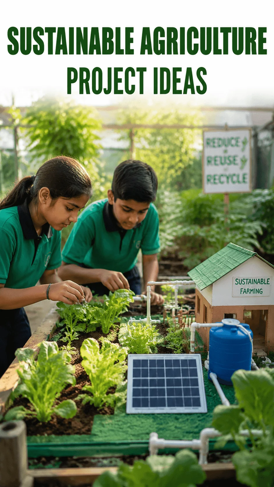 Students working on a sustainable agriculture project with a small eco friendly farm model, vegetable garden, solar panel, water system, and green farming demonstration in a school environment