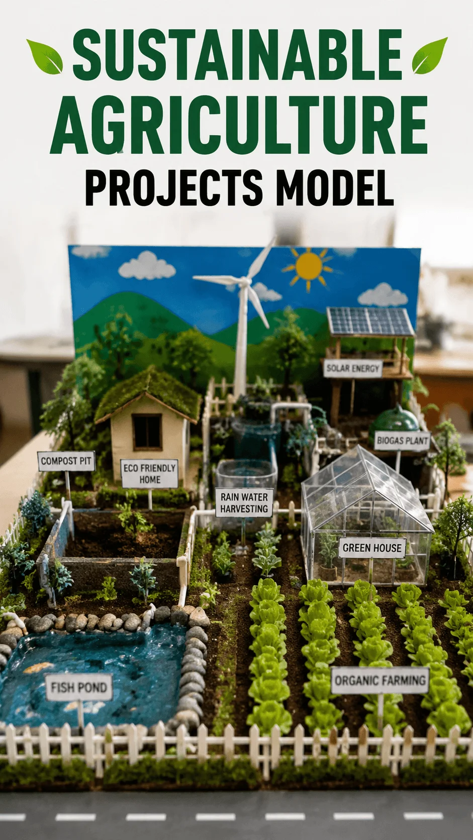 Sustainable agriculture project model showing an eco friendly farm with organic crops, greenhouse, compost pit, solar energy, wind turbine, rainwater harvesting, biogas plant, fish pond, and renewable farming systems