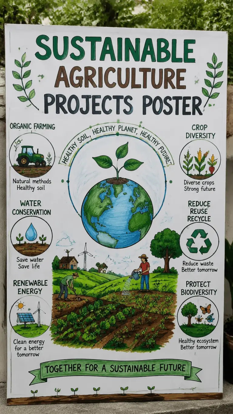 Sustainable agriculture projects poster showing organic farming, water conservation, renewable energy, crop diversity, recycling, biodiversity protection, healthy soil, and farmers working on a green field with an Earth illustration in the center