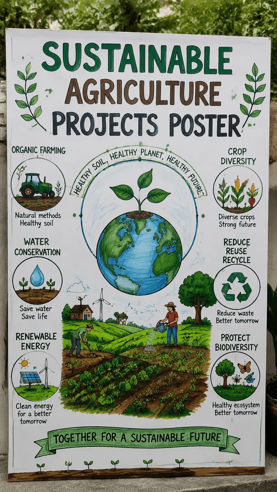 Sustainable agriculture projects poster showing organic farming, water conservation, renewable energy, crop diversity, recycling, biodiversity protection, healthy soil, and farmers working on a green field with an Earth illustration in the center