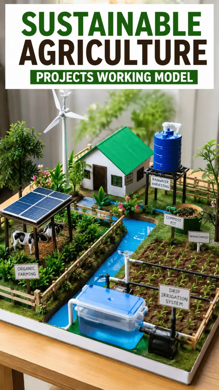 Sustainable agriculture projects working model showing a miniature eco friendly farm with solar panels wind turbine organic farming rainwater harvesting compost pit vermicompost and drip irrigation system