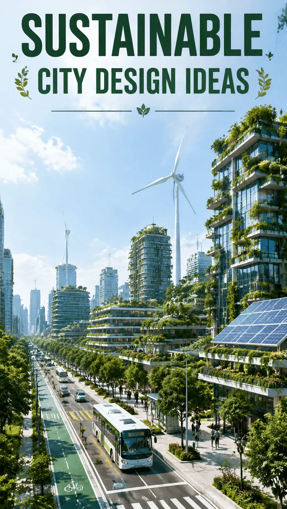 Sustainable city with green skyscrapers solar panels wind turbines electric buses tree lined streets and modern eco friendly urban infrastructure under a clear blue sky