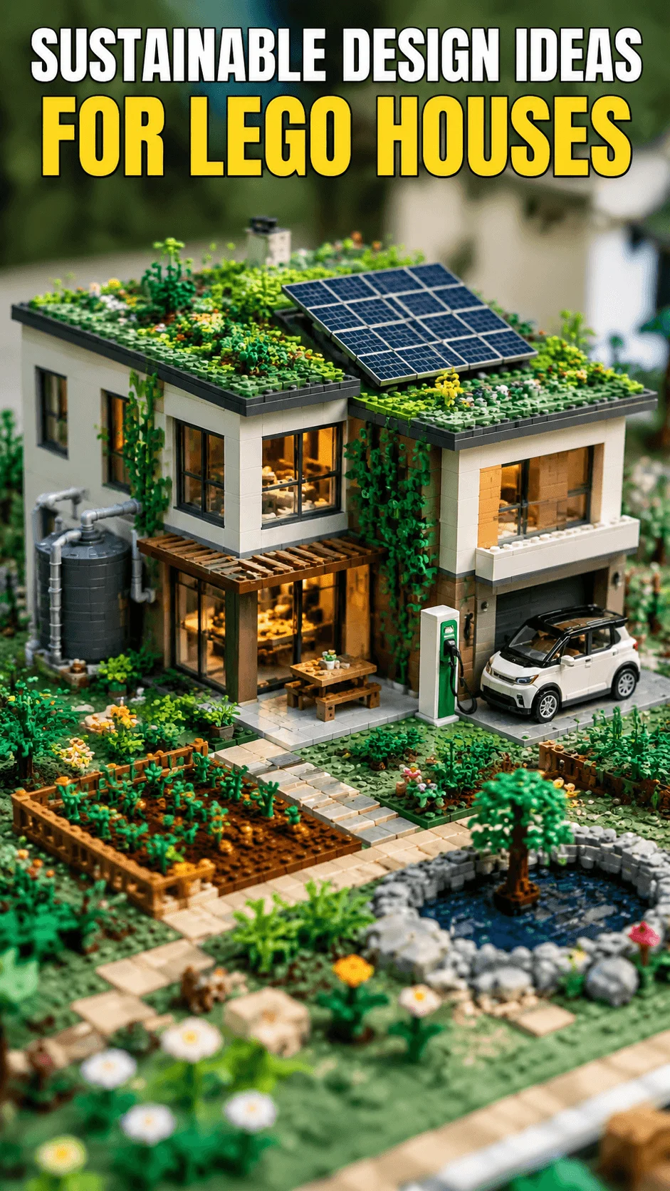 Realistic LEGO sustainable house with green roof solar panels vegetable garden rainwater collection system electric car and eco friendly landscape design