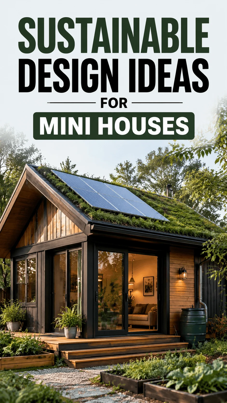 Sustainable design ideas for mini houses featuring a modern eco friendly tiny home with solar panels green roof and natural garden surroundings