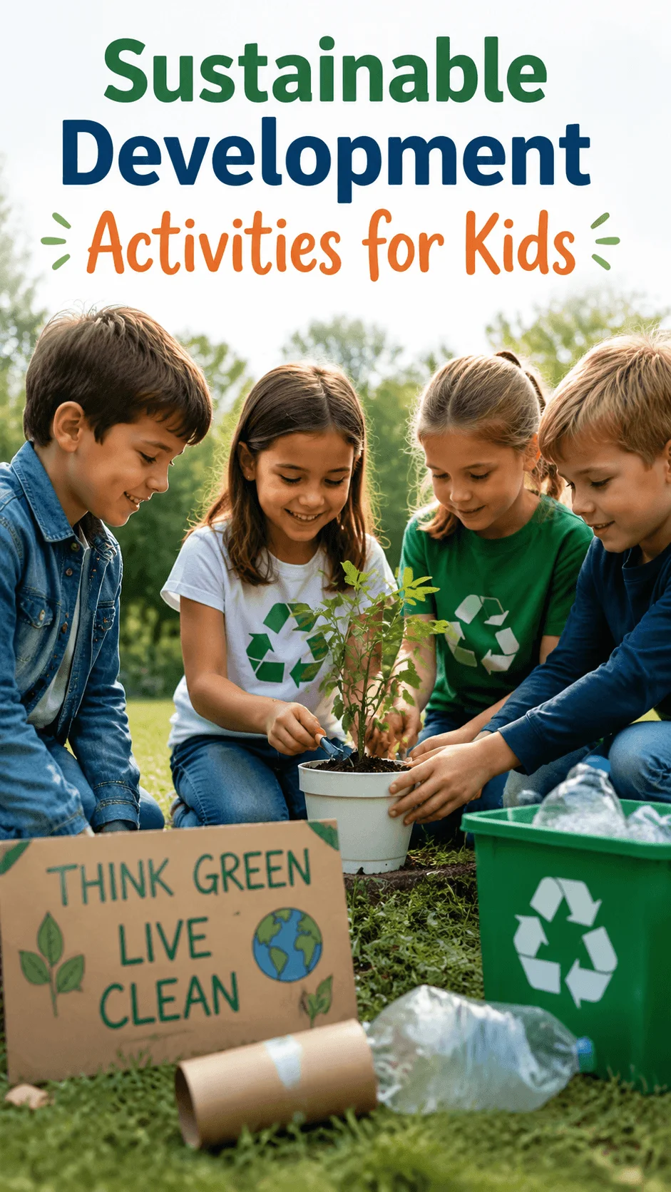 Children participating in sustainable development activities by planting a tree and recycling outdoors with green environmental signs